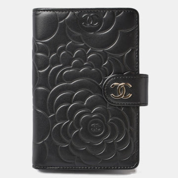 Black Leather  Camellia Lambskin Small CC French Wallet