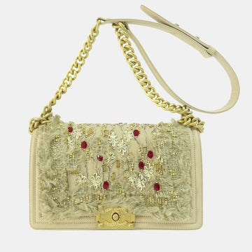 Beige Calf Leather Embellished Medium Boy Shoulder Bag