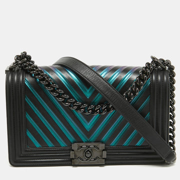 Black/Holographic Chevron Leather Medium Boy Flap Bag