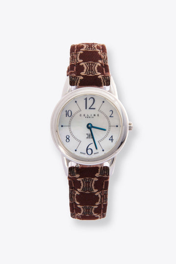 Vintage Celine Silver Plated Watch with Triomphe Printed Fabric and Leather Strap