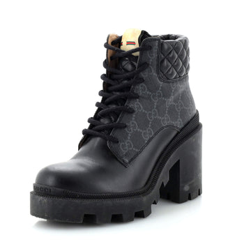Women's Lace Up Heeled Ankle Boots VS Coated Canvas with Quilted Leather