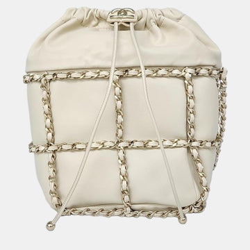 Beige Leather Bucket Chain Drawstring CC Shoulder Bag