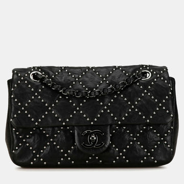 Black Washed Lambskin Studded Metal Beauty Flap Bag