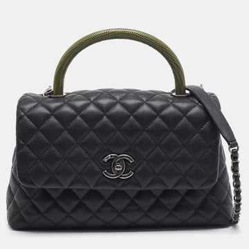 Black/Green Quilted Caviar Leather and Lizard Small Coco Top Handle Bag