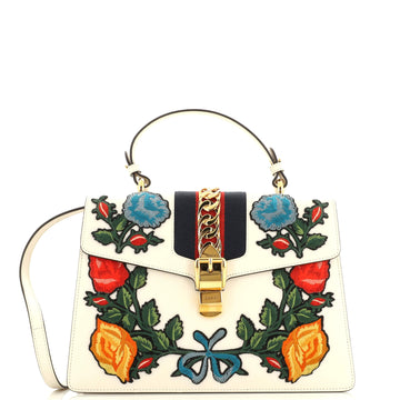 GUCCI Sylvie Top Handle Bag Embroidered Leather Medium