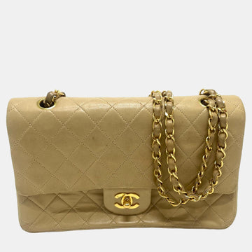 Beige Leather Medium Classic Double Flap Shoulder Bags