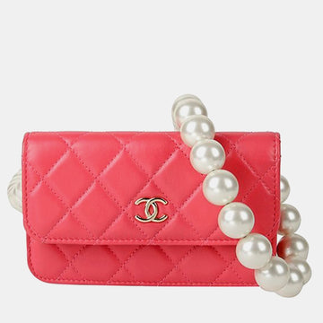 Pink Leather Pearl Mini Wallet On Chain