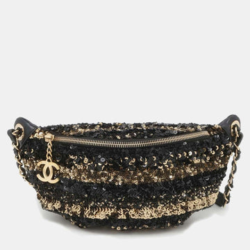 Black/Gold Sequins Leather Cruise Line Matelasse Chain Shoulder Bag