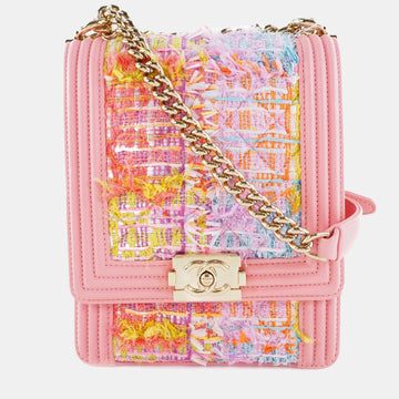 Pink Tweed Leather North South Boy Shoulder Bag