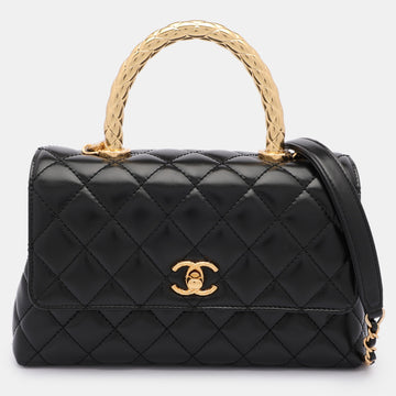 Black Quilted Leather Small Coco Metal Top Handle Bag