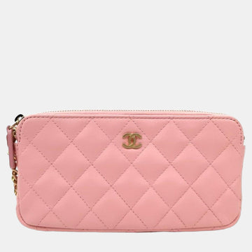 Pink Leather CC Quilted Double Zip Wallet On Chain