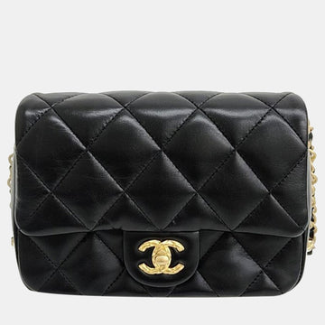 Black Lambskin Leather Chain Crossbody Bag