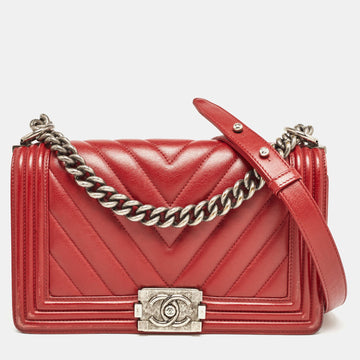 Red Chevron Leather Medium Boy Bag