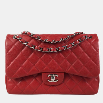 Red Caviar Leather Jumbo Classic Double Flap Shoulder Bag