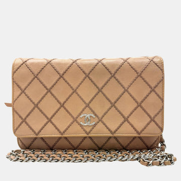 Beige Leather Wild Stitch Chain Wallet