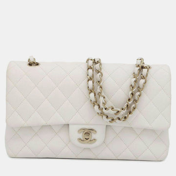 White Leather Classic Double Flap Shoulder Bag