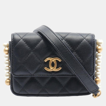 Black Lambskin Faux Pearl Matelasse Shoulder Bag