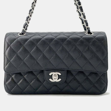 Black Caviar Leather Matelasse W Flap Chain Shoulder Bag Size 25
