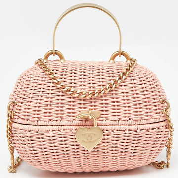 Pink Wicker Oval Locket Basket Chain Bag