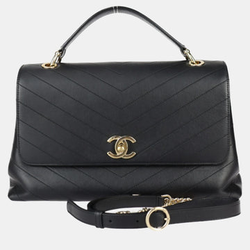 Black Chevron Calfskin Small Chevron Chic Top Handle Bag