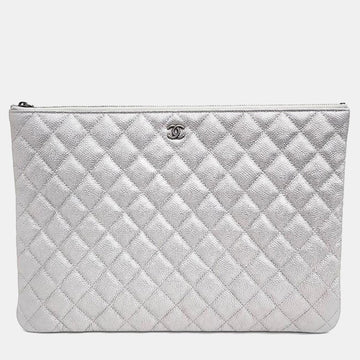 Silver Caviar Leather Clutch Bag
