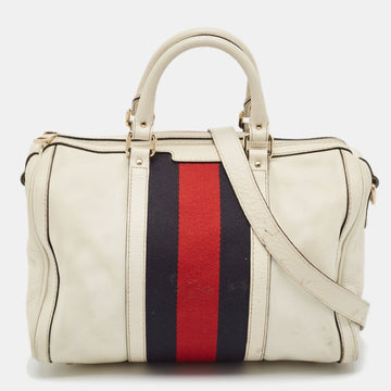 Off White Canvas and Leather Medium Web Boston Bag