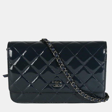 Navy Blue Quilted Patent Leather Wallet On Chain