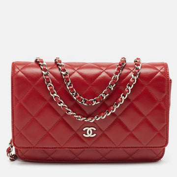 Red Quilted Leather CC Wallet On Chain