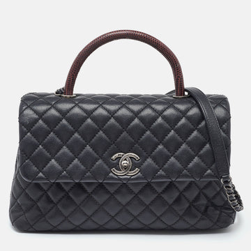 Black/Red Quilted Caviar Leather and Lizard Medium Coco Top Handle Bag