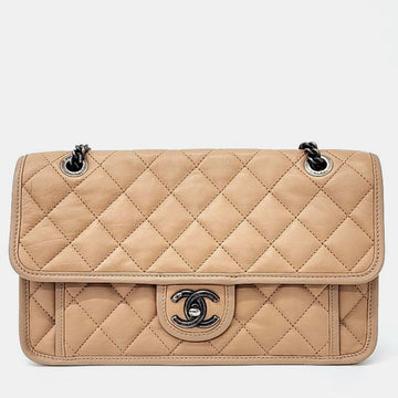 Leather Beige Flap Chain Bag