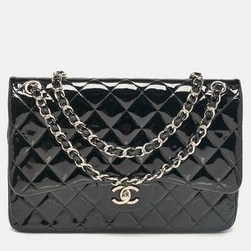Black Quilted Patent Leather Jumbo Classic Double Flap Bag