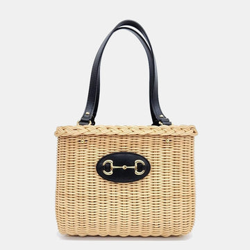 Beige/Black Wicker and Leather Horsebit 1955 Bucket Bag