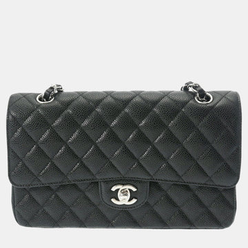 Black Caviar Skin Matelasse Chain Shoulder Double Flap 25cm Bag
