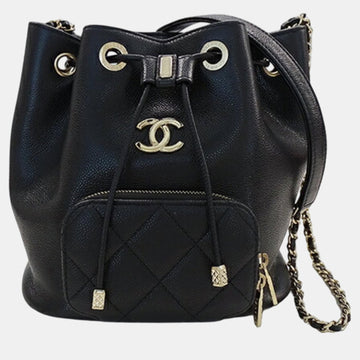 Black Caviar Skin Matelasse Chain Shoulder Bucket Bag