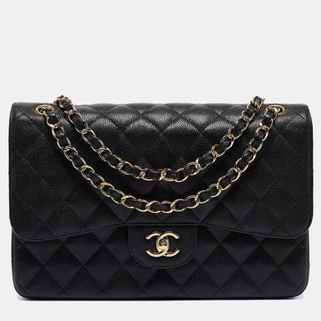Black Quilted Caviar Leather Jumbo Classic Double Flap Bag