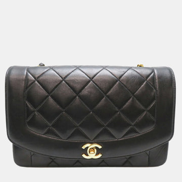 Black Leather Quilted Vintage Diana Flap Shoulder Bag