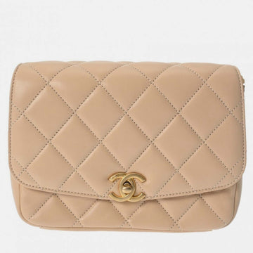 Beige Leather CC Quilted Coin Shoulder Bag