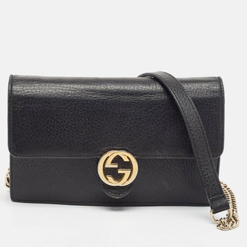 Black Leather Interlocking G Wallet On Chain