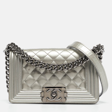 Grey Quilted Patent Leather Small Boy Flap Bag