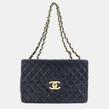 Black Leather Maxi Classic Single Flap Shoulder Bag