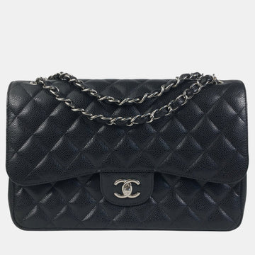 Black Lambskin Leather Jumbo Classic Double Flap Shoulder Bag