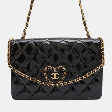 Black Patent Leather Matelasse Chain Shoulder Bag