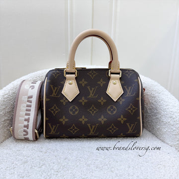 LV Speedy Bandouliere 20 in Monogram Canvas and Beige Patterned Strap