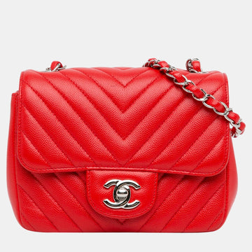 Red Mini Square Classic Chevron Caviar Single Flap