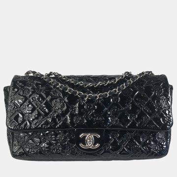 Black Patent Vinyl Embossed Lucky Symbols Jumbo Single Flap Bag