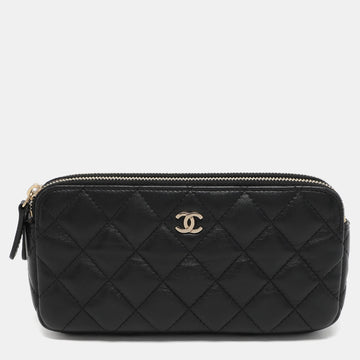 Black Quilted Leather CC Wallet On Chain