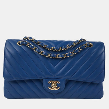 Blue Lambskin Leather Medium Classic Double Flap Shoulder Bag