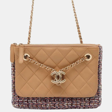 Beige/Multicolor Leather Tweed Chain Shoulder Pouch Bag