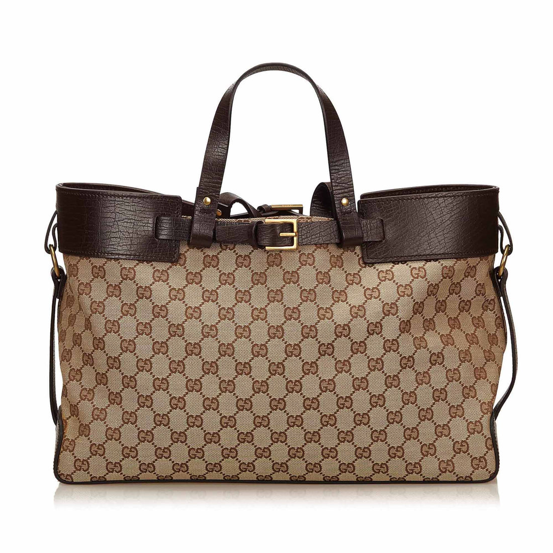 Gucci Monogram Canvas Double Buckle Tote Bag