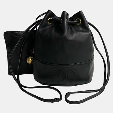 Black Leather CC Drawstring Bucket Crossbody Bag
